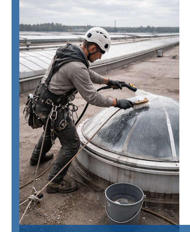 Мойка зенитных фонарей на кровле для промышленных объектов в Крымске