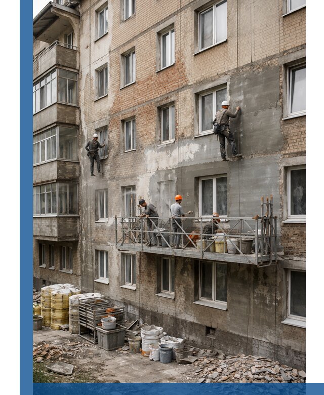 Капитальный ремонт фасада в Крымске с восстановлением и гидроизоляцией