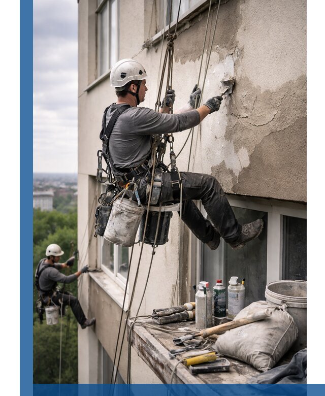 Косметический ремонт фасада зданий в Крымске промышленными альпинистами