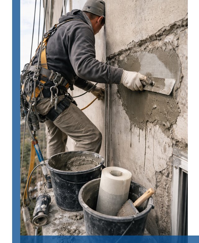 Ремонт бетонных элементов фасада промышленными альпинистами в Крымске