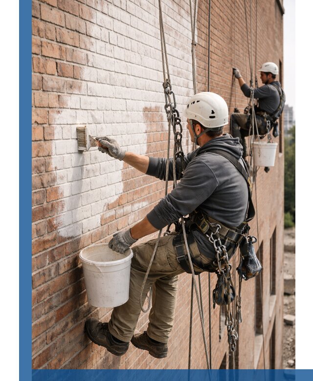 Покраска кирпичного фасада с доступным альпинистским сервисом в Крымске