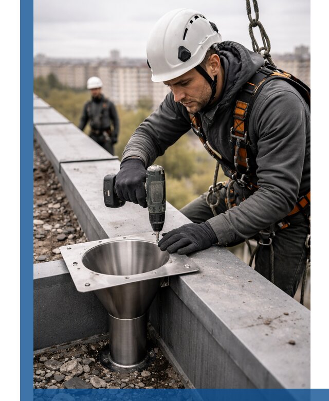 Монтаж водосточных воронок в Крымске для промышленных зданий