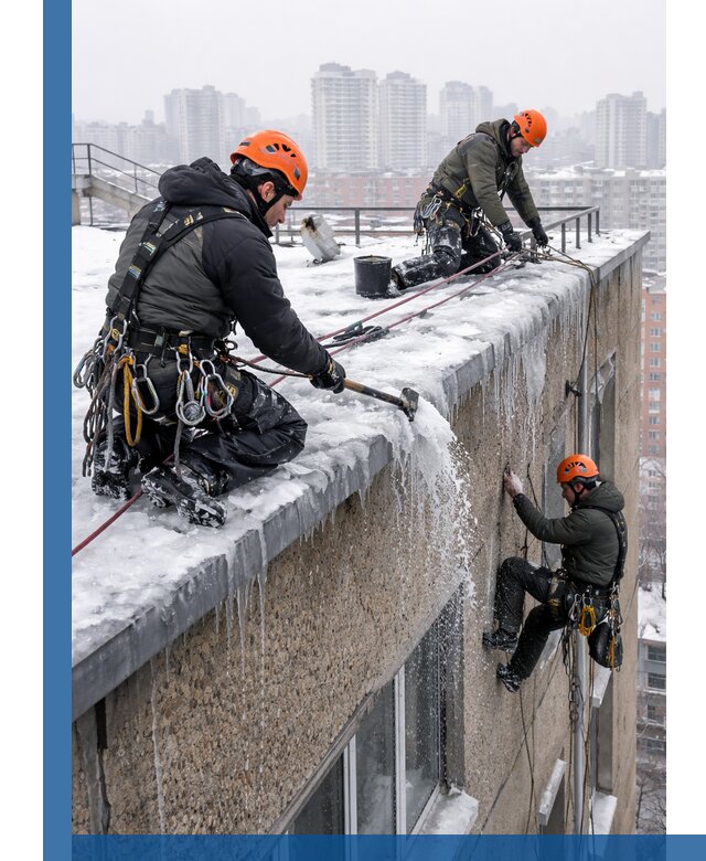 Удаление наледи с кровли в Крымске промышленными альпинистами