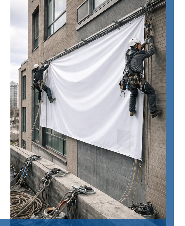 Монтаж баннеров на фасаде в Крымске от 674 р. заказать ВЫСОТНИК-Крм