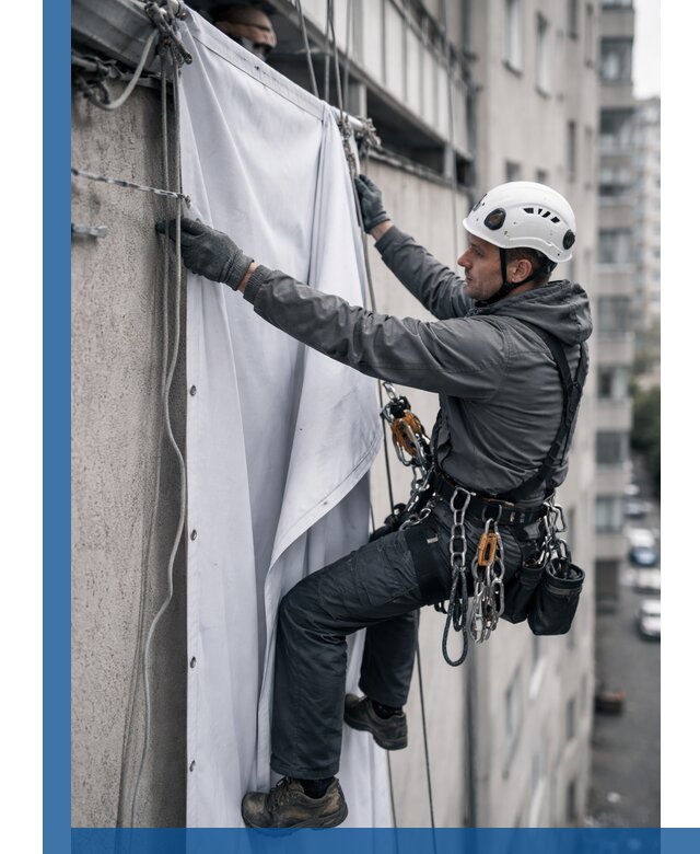 Замена баннерного полотна промышленными альпинистами в Крымске