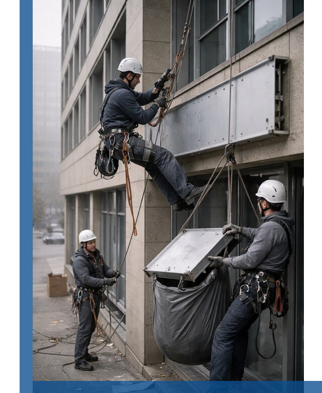 Демонтаж рекламной вывески с высотными работами в Крымске