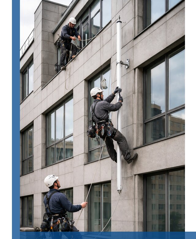 Монтаж флагштока на фасаде здания с креплением и герметикой в Крымске