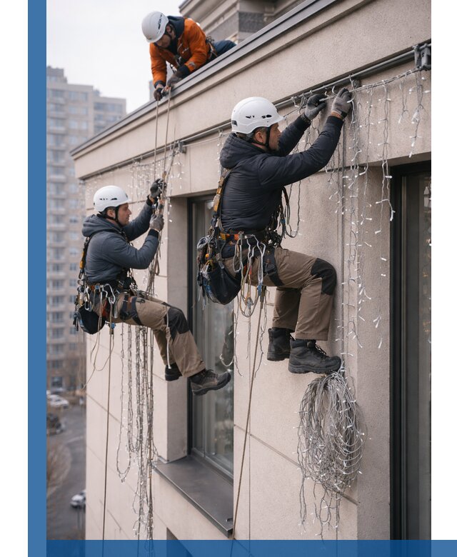 Монтаж праздничных гирлянд на фасаде в Крымске для зданий