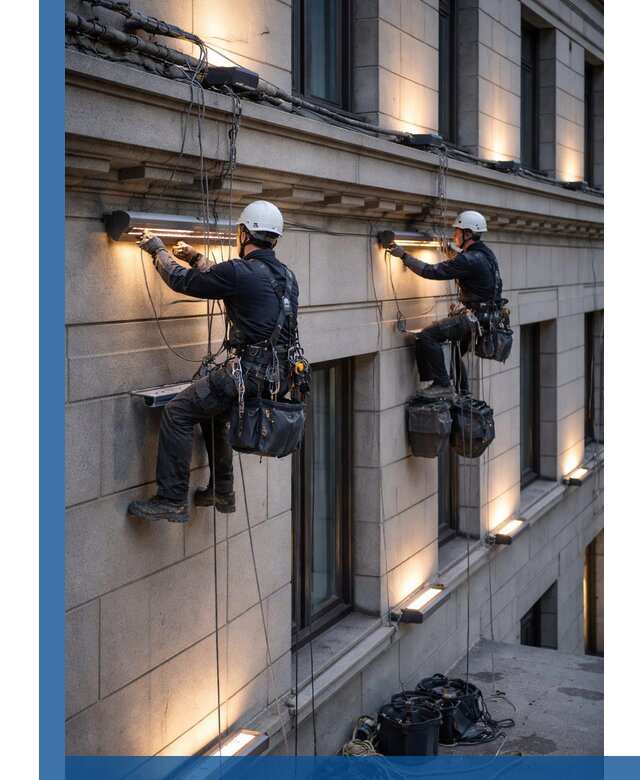 Монтаж архитектурной подсветки фасадов зданий в Крымске