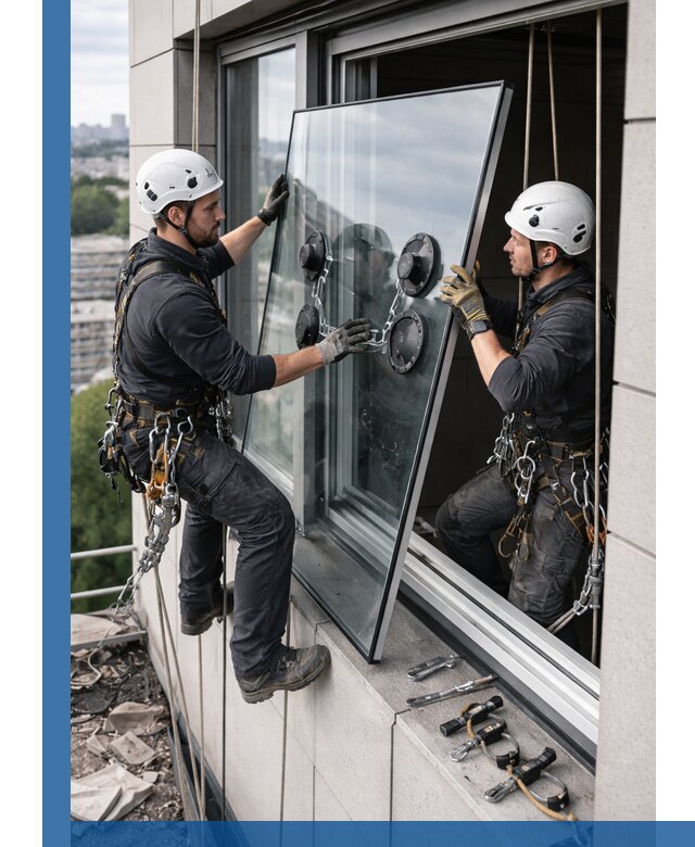Замена стеклопакетов на высоте с промышленными альпинистами в Крымске