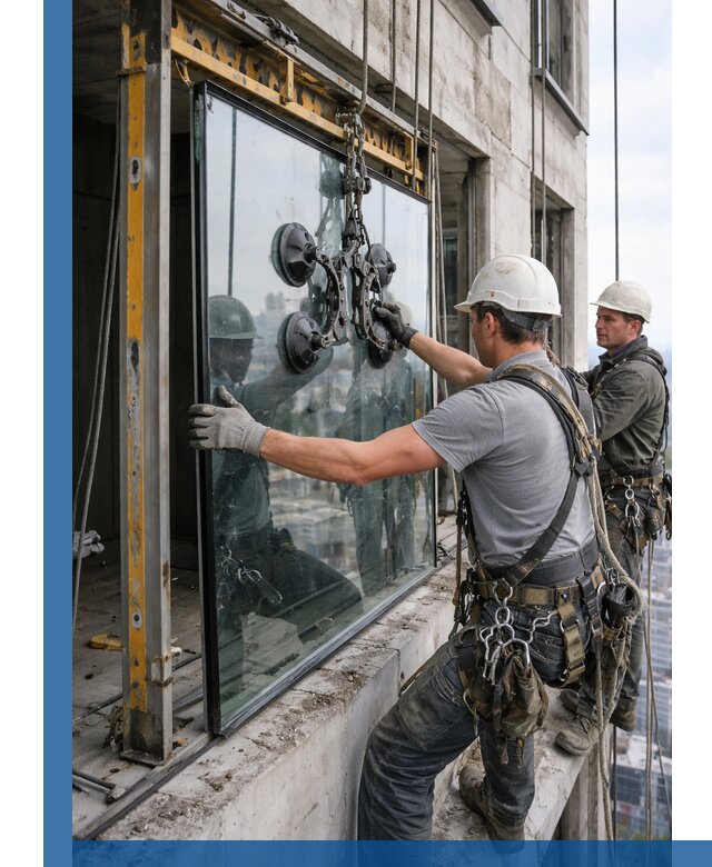 Монтаж стеклопакетов на высоте в Крымске с промышленным альпинизмом