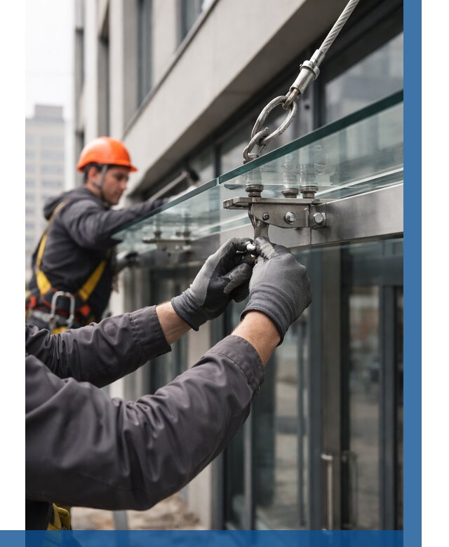 Монтаж стеклянных козырьков в Крымске от 8809 р. | ВЫСОТНИК-Крм