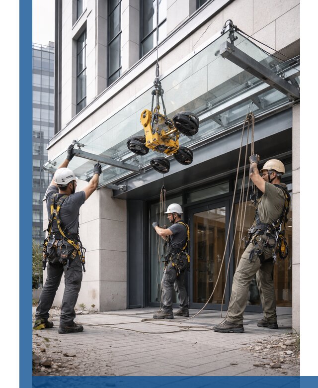 Монтаж стеклянных козырьков под ключ в Крымске для зданий