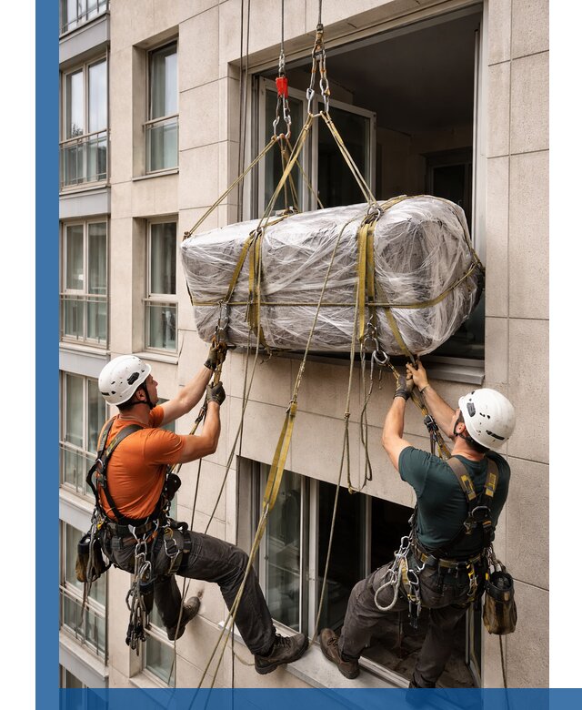 Подъем грузов через окно в Крымске промышленными альпинистами