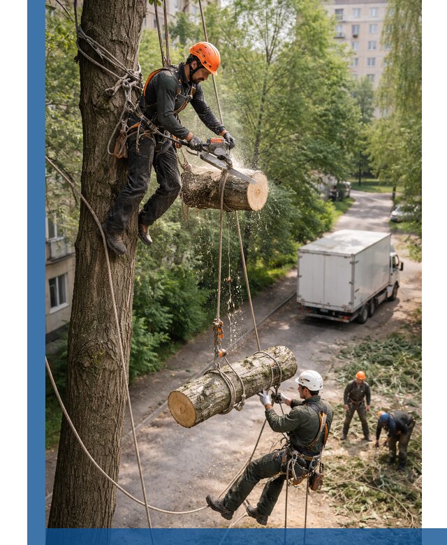 Спил деревьев альпинистами в Крымске, безопасно и без повреждений