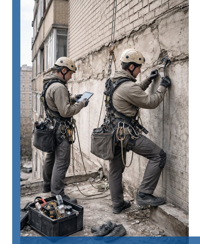 Обследование фасада промышленными альпинистами в Крымске